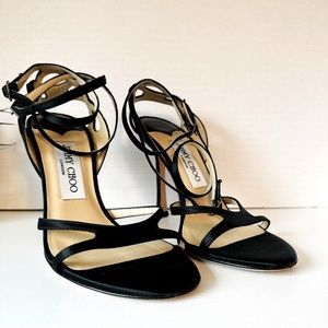 JIMMY CHOO black satin heeled sandals